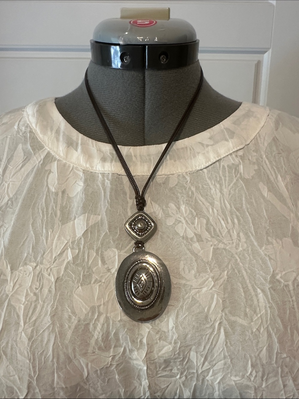 Chicos reversible Silver-Tone Pendant Necklace on Brown Cord - White Top Accent